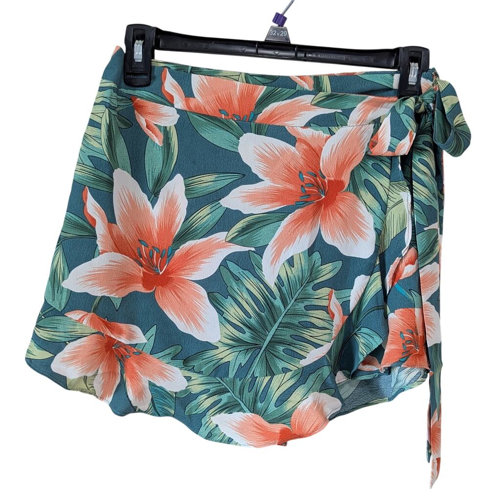 Lulus Coast of Carolina Green Tropical Print Wrap Front Ruffled Skort Size XS